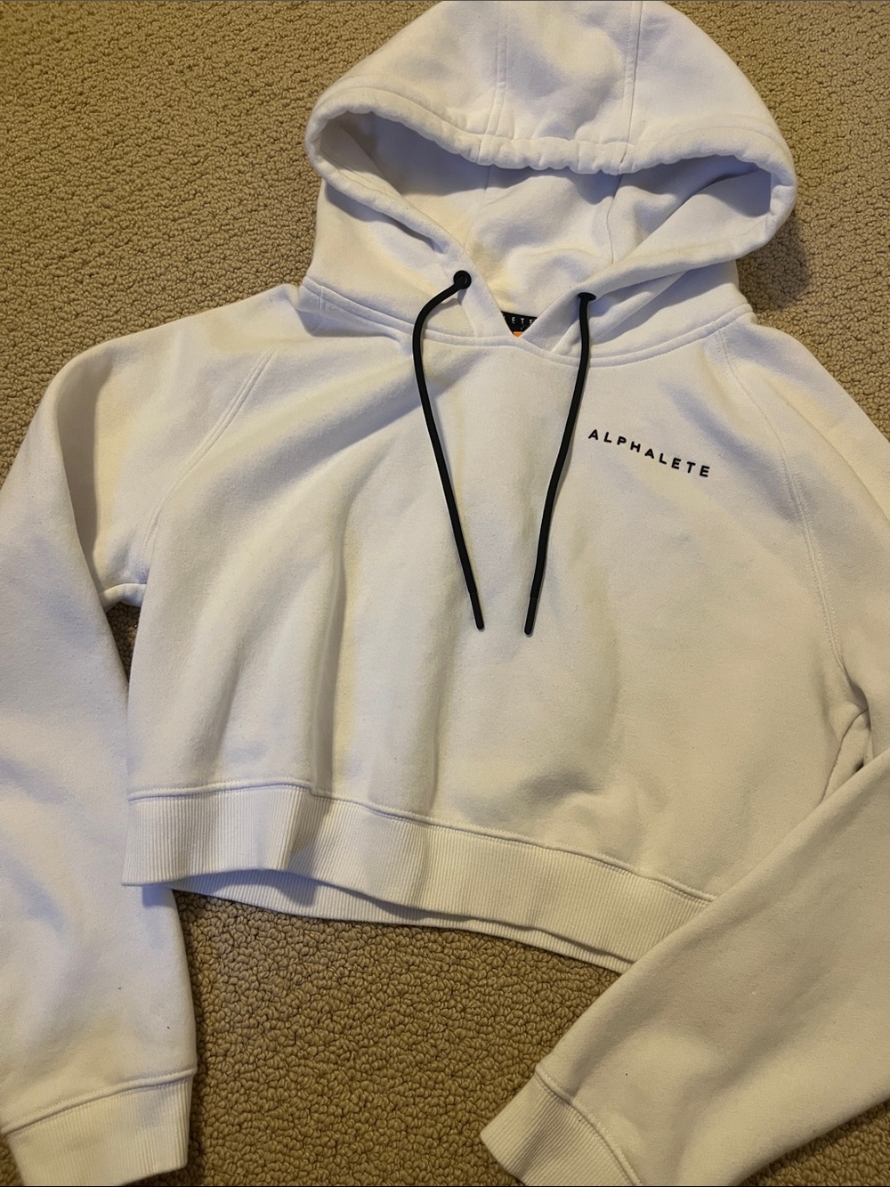 NEW Alphalete White Cropped Hoodie with Black Drawstrings Pullover Medium
